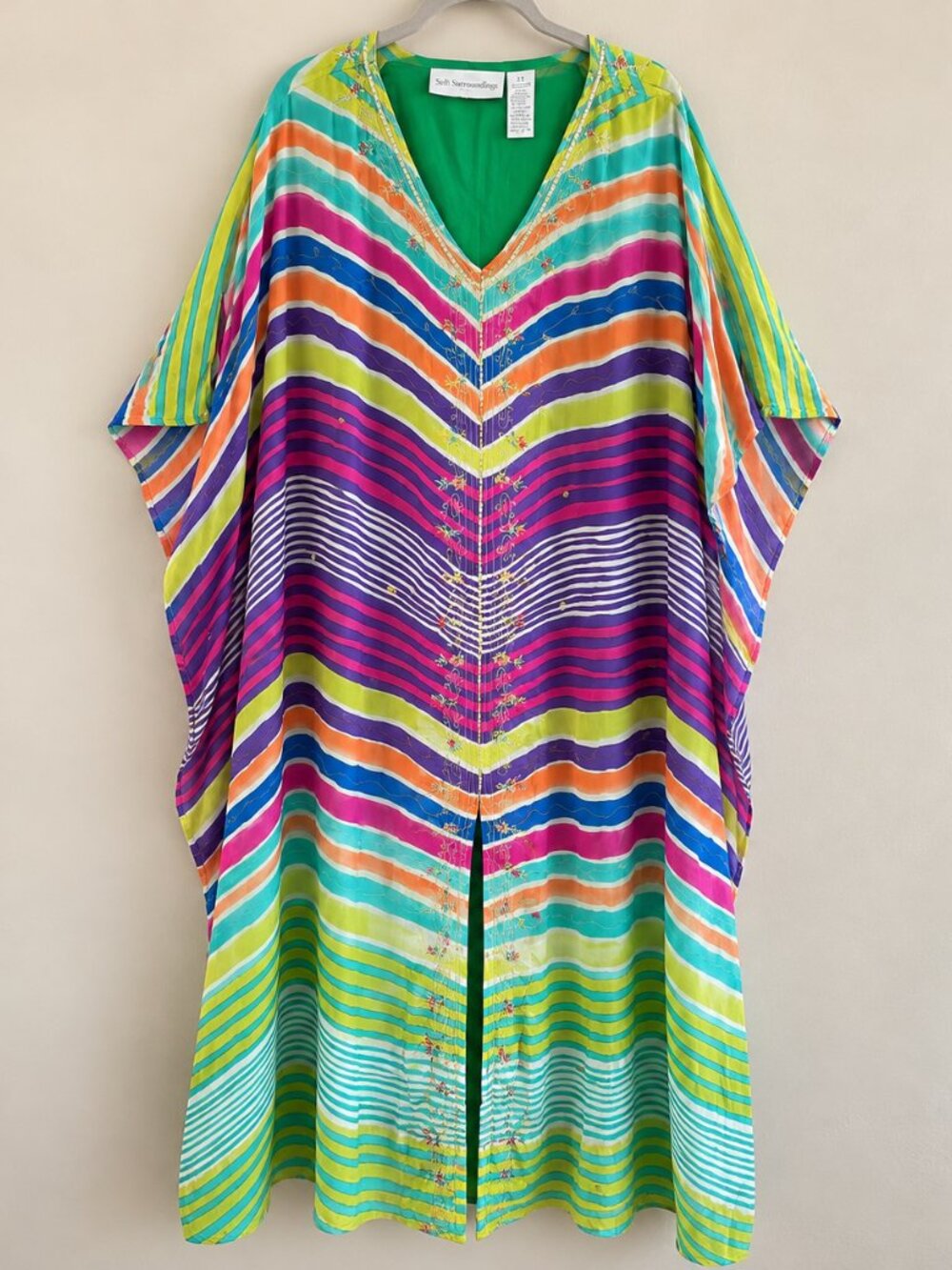 Soft Surroundings Rainbow Striped Caftan Maxi Dress 1X Embroidered Sequins Boho